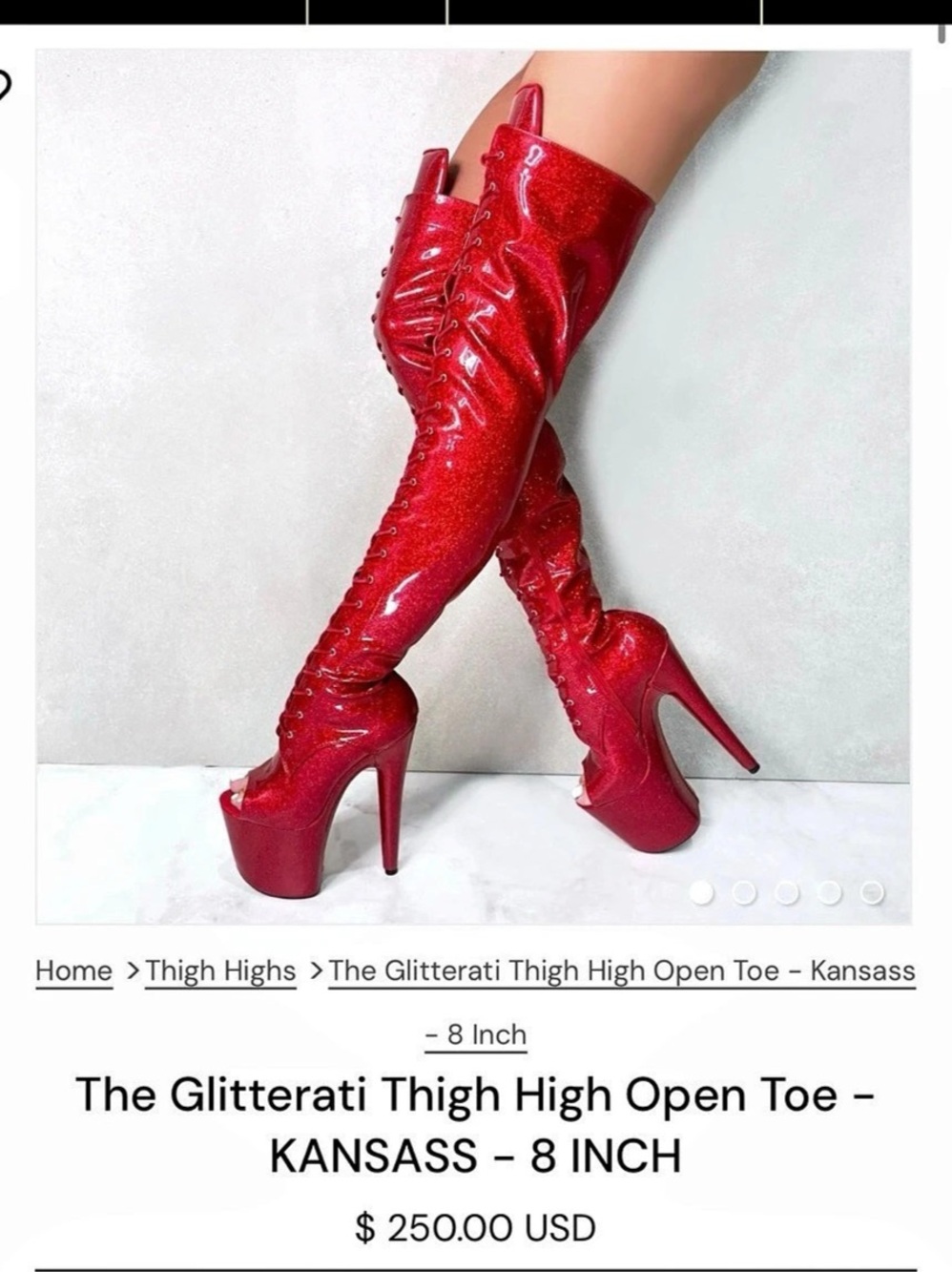 Hella Heels The Glitterati Thigh High Open Toe - Kansass - 8 Inch Red US 8